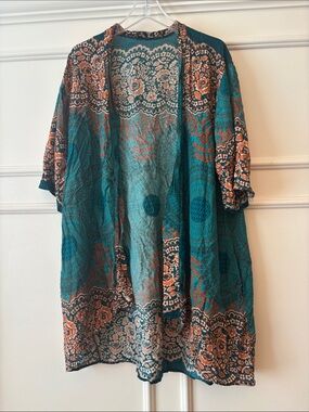 Tribal Teal and Rust Floral Open Kimono